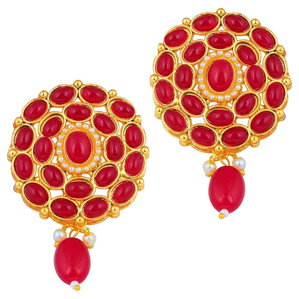 Etnico Traditional Deepika Style Red Gold Plated Bridal Pearl Choker Necklace Set with Maang Tikka for Women