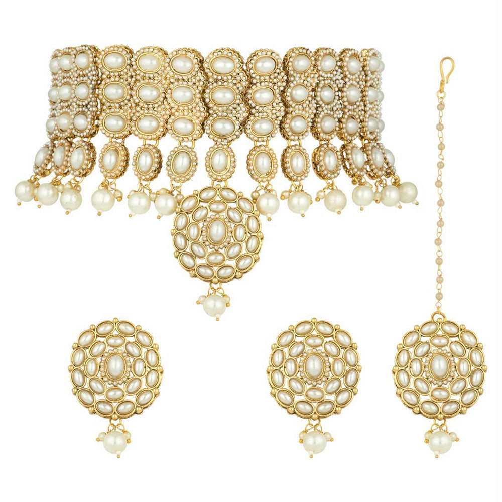 Etnico Traditional Deepika Style Gold Plated Bridal Pearl Choker Necklace Set with Maang Tikka (M4127W)