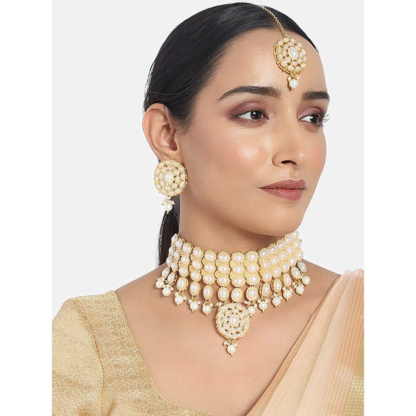 Etnico Traditional Deepika Style Gold Plated Bridal Pearl Choker Necklace Set with Maang Tikka (M4127W)
