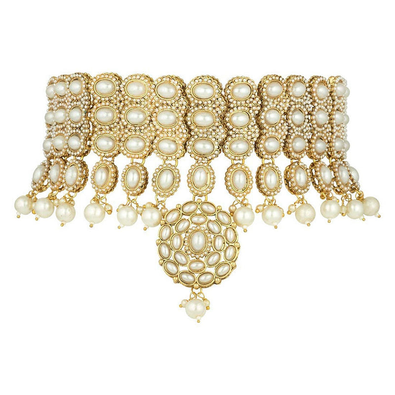 Etnico Traditional Deepika Style Gold Plated Bridal Pearl Choker Necklace Set with Maang Tikka (M4127W)