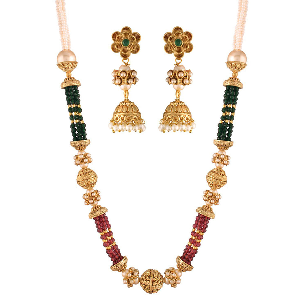 Etnico 18K Gold Plated Intricately Designed Traditional Long Emerald Green Multi String Brass Necklace Set With Earrings (MC032)