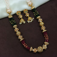Etnico 18K Gold Plated Intricately Designed Traditional Long Emerald Green Multi String Brass Necklace Set With Earrings (MC032)