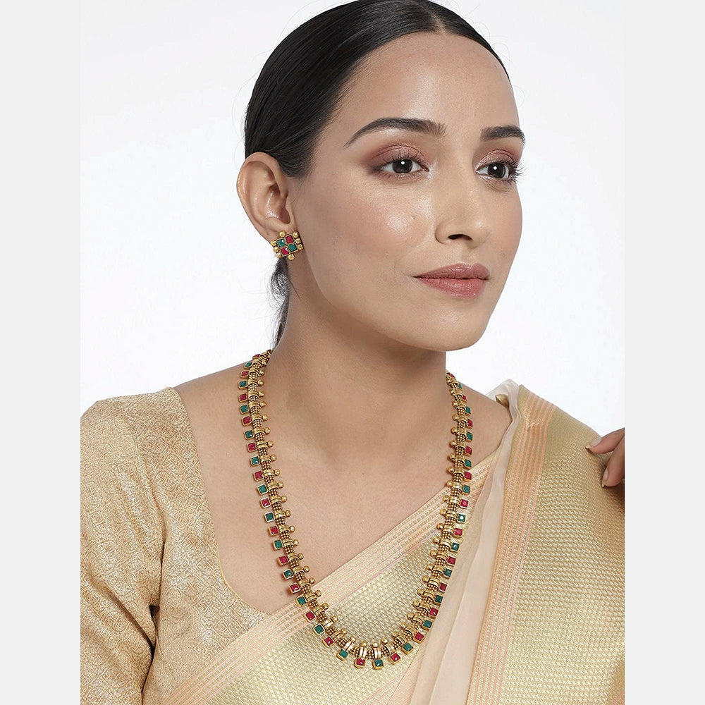 Etnico 18K Gold Plated Traditional South Indian Stylish Multicolour Stone Work Long Necklace With Earrings For Women & Girls (MC041QG)