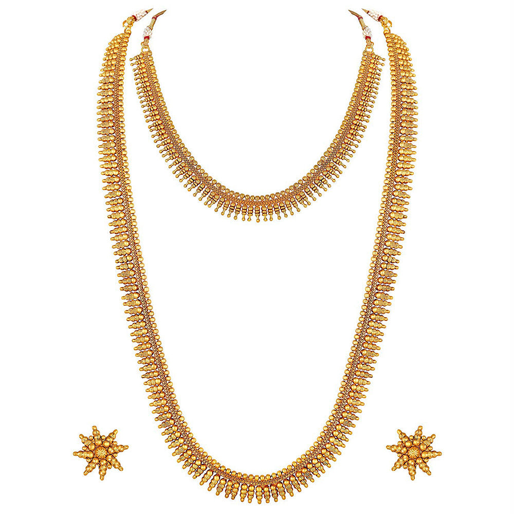 Etnico 18K Gold Plated Traditional South Indian Stylish Golden Leaf Work Necklace With Earrings For Women & Girls (MC044)