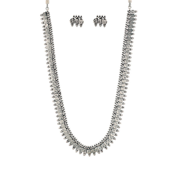 Etnico 18K Silver Oxidised Traditional South Indian Style Coin Necklace With Earrings For Women & Girls (MC045OX)