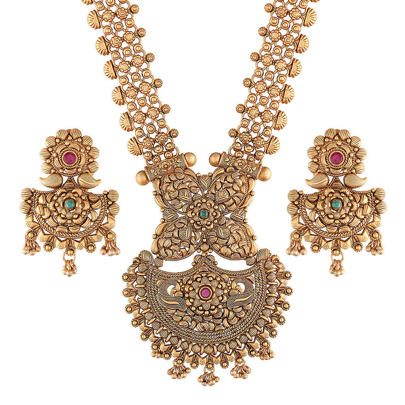 Brass Golden Rajwadi Long Chain Necklace Set