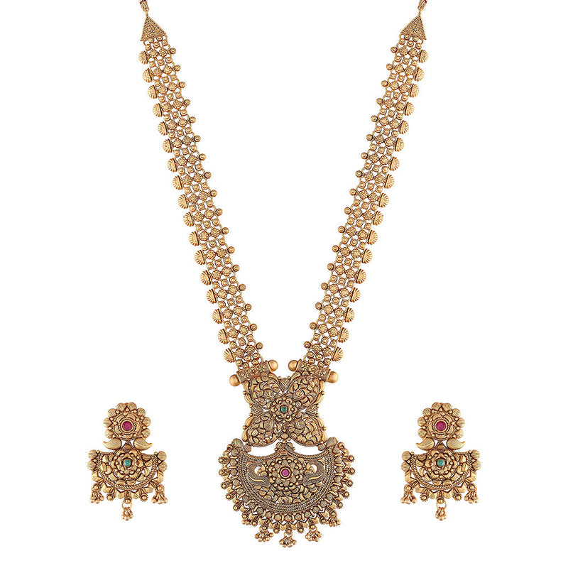 Brass Golden Rajwadi Long Chain Necklace Set