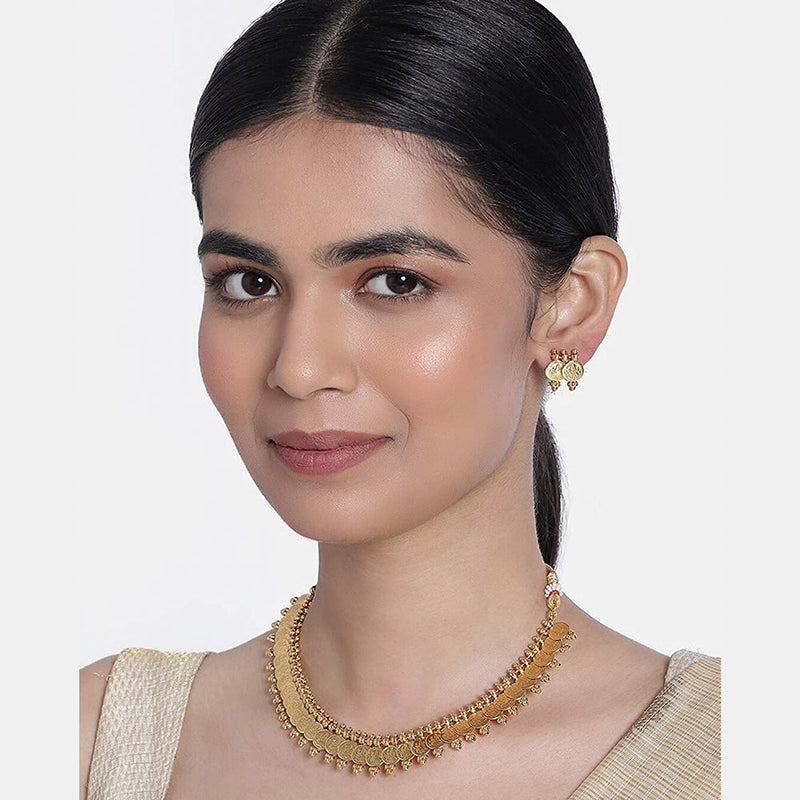 Etnico 18K Gold Plated Traditional South Indian Stylish Coin Necklace With Earrings For Women & Girls (MC061FL)