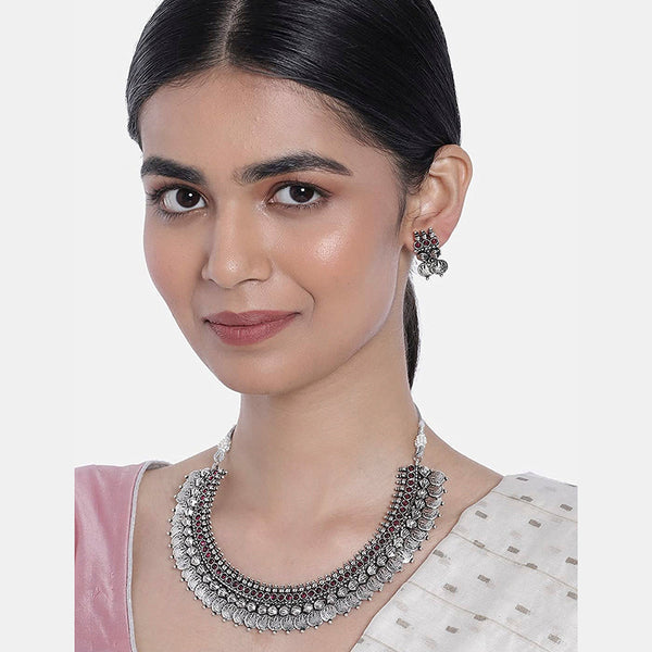 Etnico 18K Silver Oxidised Traditional South Indian Style Coin Necklace With Earrings For Women & Girls (MC062ZQ)