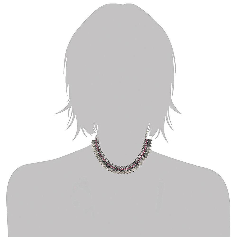 Etnico 18K Silver Oxidised Traditional South Indian Style Coin Necklace With Earrings For Women & Girls (MC063ZQ)
