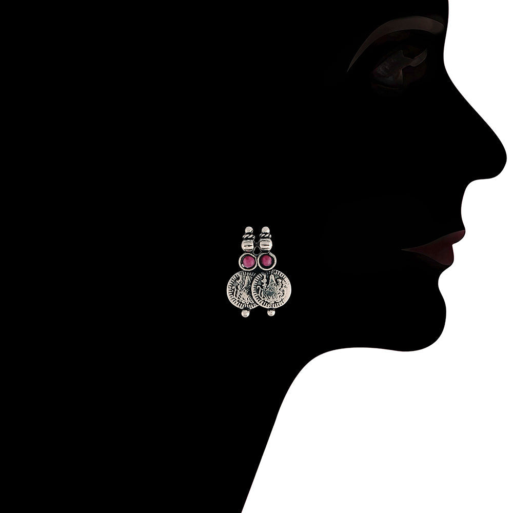 Etnico 18K Silver Oxidised Traditional South Indian Style Coin Necklace With Earrings For Women & Girls (MC063ZQ)