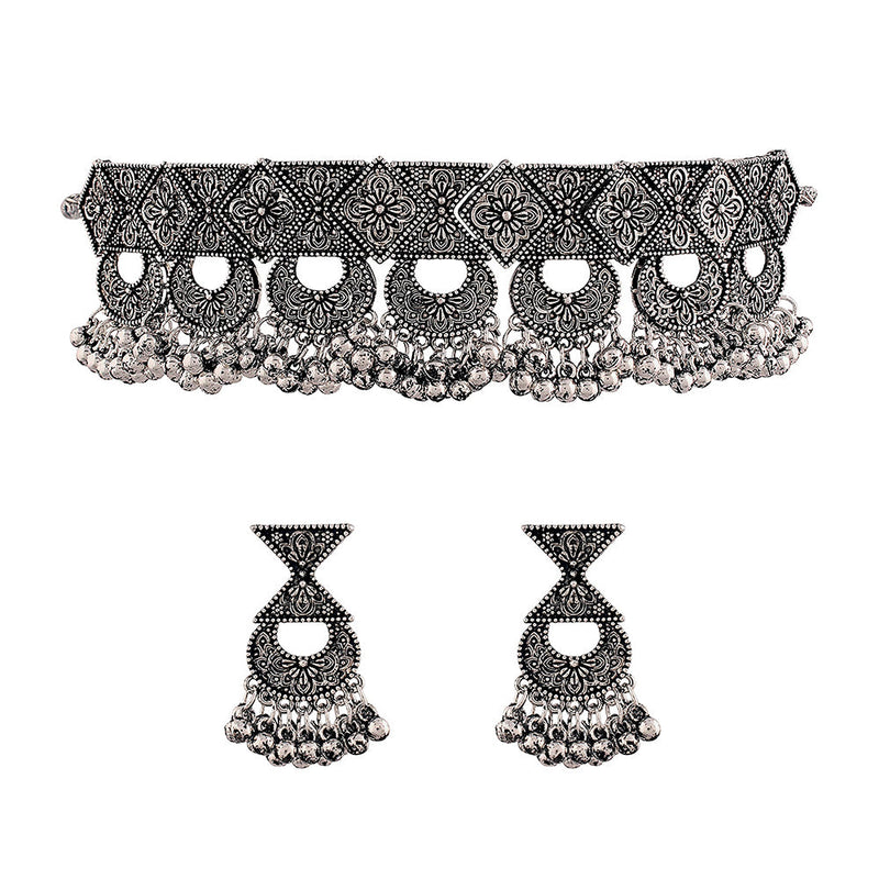 Etnico Oxidised German Silver Plated Afghani Choker Necklace Jewellery Set for Women (MC065)