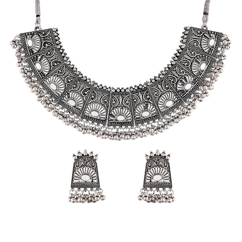 Etnico Oxidised Silver Plated Afghani Choker Necklace Jewellery Set for Women (MC066)