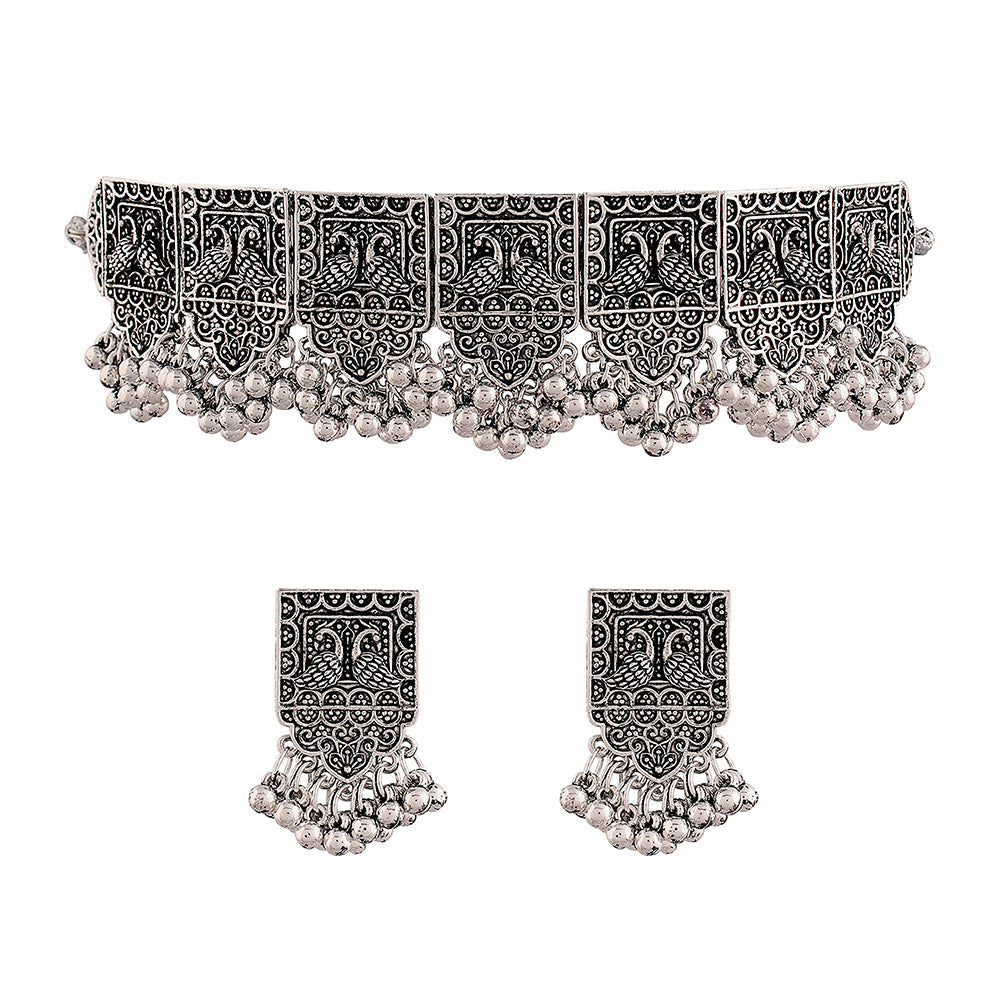Etnico Oxidized Silver Plated Afghani Choker Necklace Jewellery Set for Women (MC067)