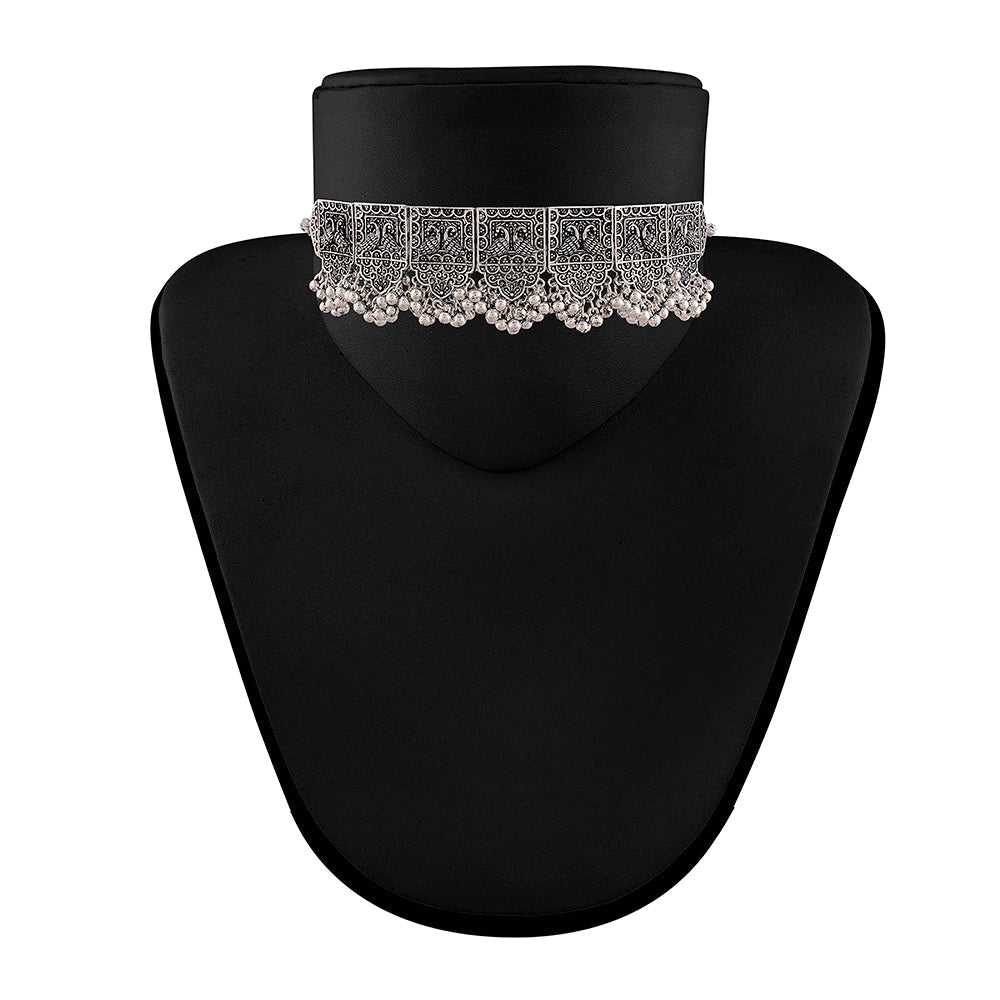 Etnico Oxidized Silver Plated Afghani Choker Necklace Jewellery Set for Women (MC067)