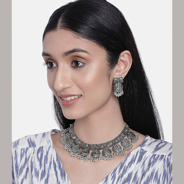 Etnico Oxidised Silver Plated Afghani Choker Necklace Jewellery Set for Women (MC070)