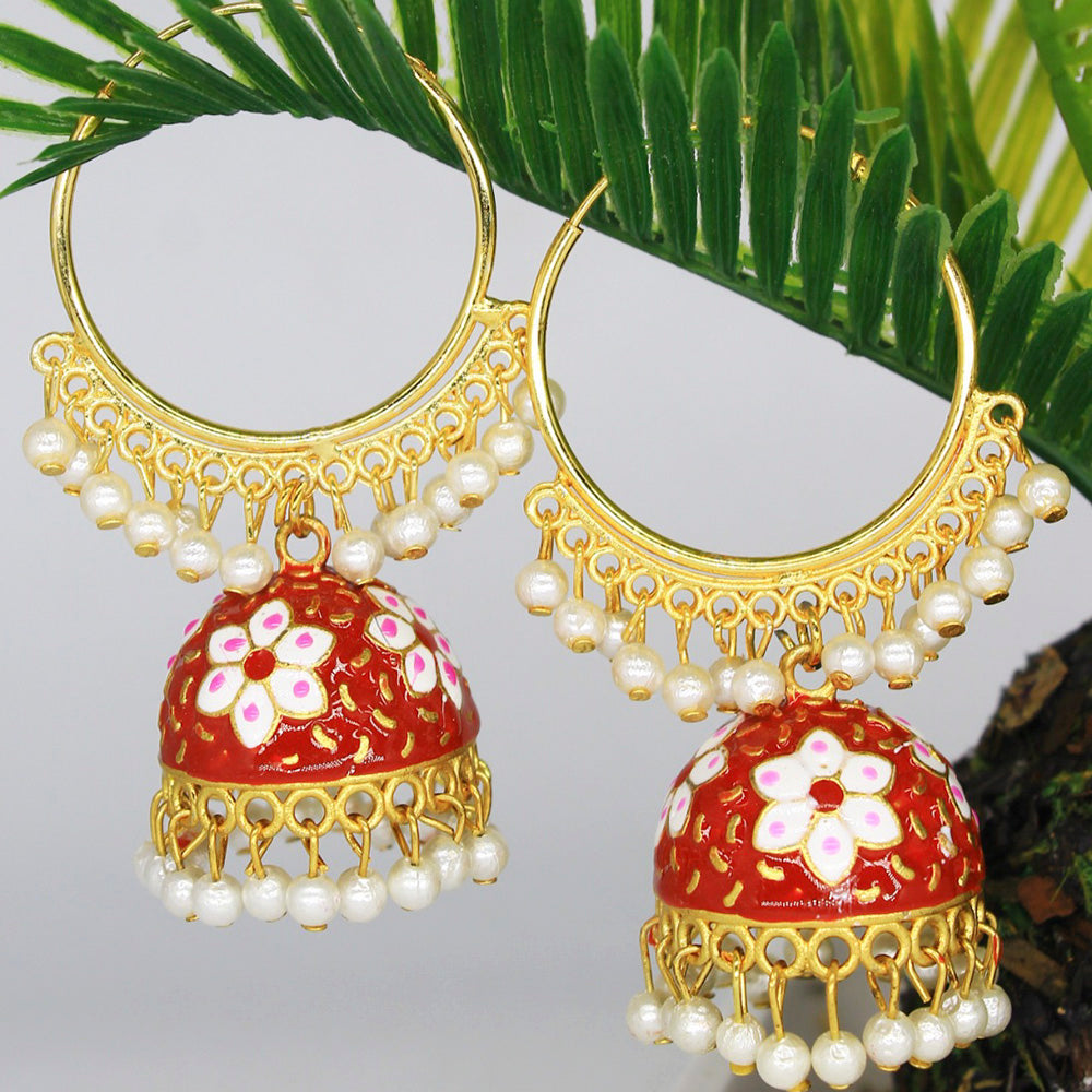 Mahavir Gold Plated Meenakari And Pearl Designer Jhumki Earrings