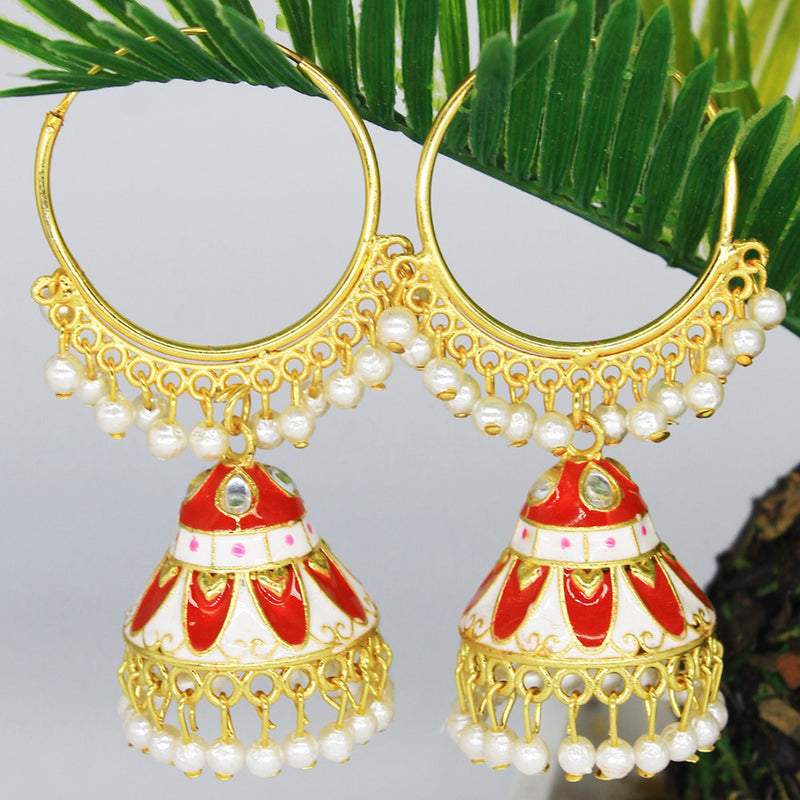 Mahavir Gold Plated Meenakari And Pearl Designer Jhumki Earrings