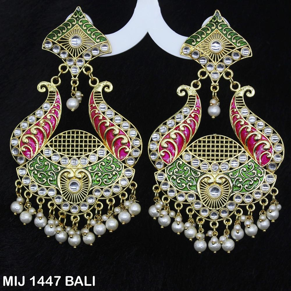 Kashmiri Design Jadau Chandbali Earrings in Silver with Gold Plating E