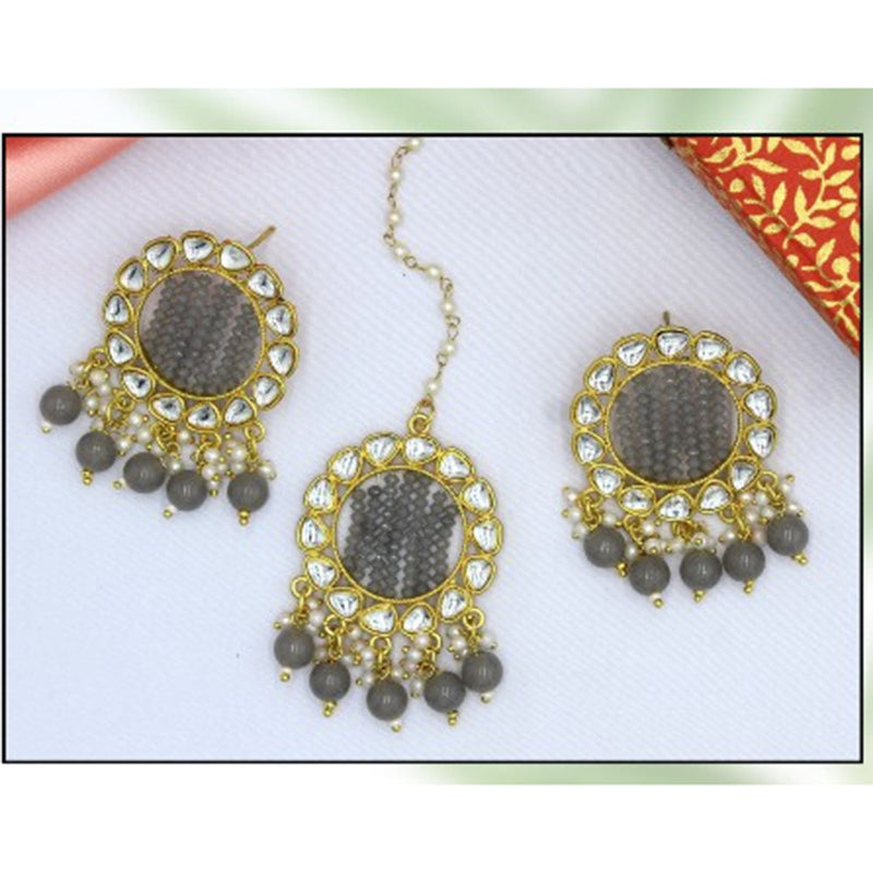 Mahavir Gold Plated Kundan & Beads Earrings With Maangtikka