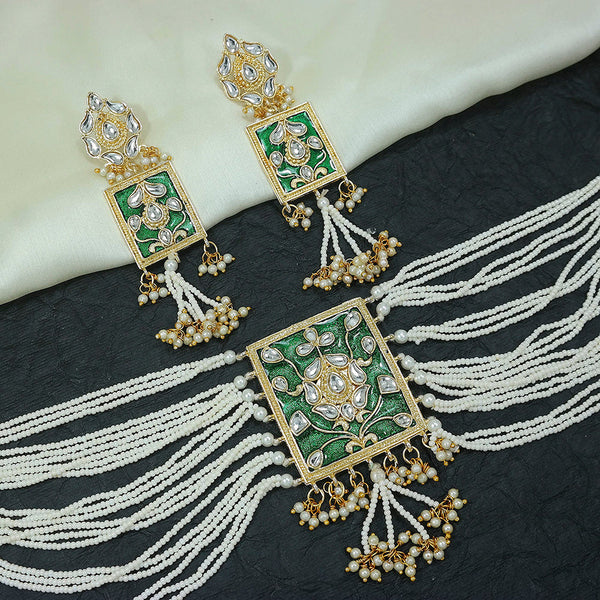 Etnico 18K Gold Plated Traditional Padmavati Pearl & Kundan Meenakari Necklace Jewellery With Earrings For Women (ML118G)