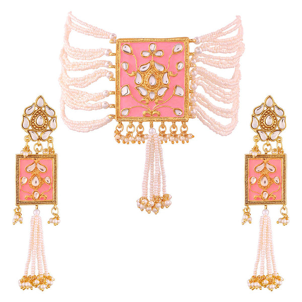 Etnico 18K Gold Plated Traditional Padmavati Pearl & Kundan Meenakari Necklace Jewellery With Earrings For Women (ML118Pi)