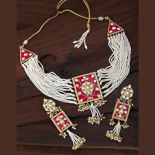Etnico 18K Gold Plated Traditional Padmavati Pearl & Kundan Meenakari Necklace Jewellery With Earrings For Women (ML118Q)