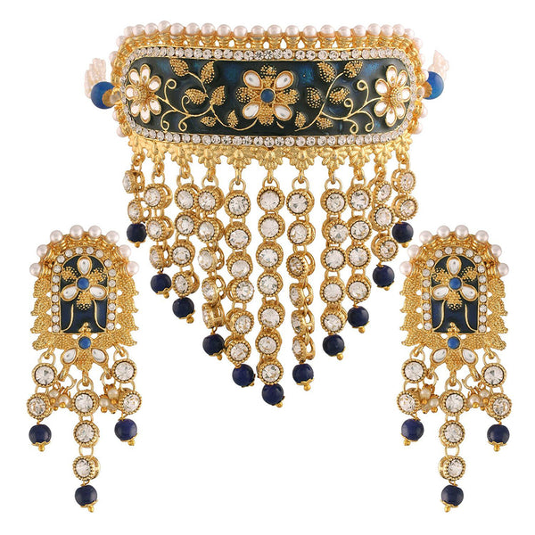 Etnico 18K Gold Plated Traditional Handcrafted Enamel/Meena Work Teeming Waterfall Of Stone Studded Choker Necklace Jewellery Set For Women/Girls (ML123Bl)