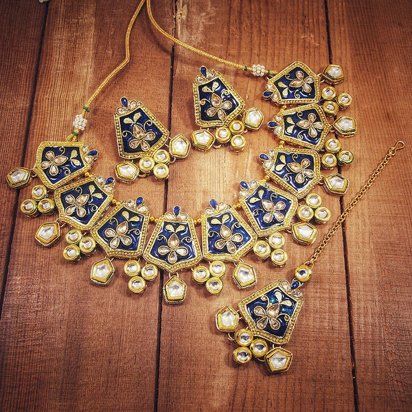 Etnico 18K Gold Plated Kundan Studded Meenakari Bridal Choker Necklace Jewellery Set with Earrings & Maang Tikka for Women (ML134Bl)