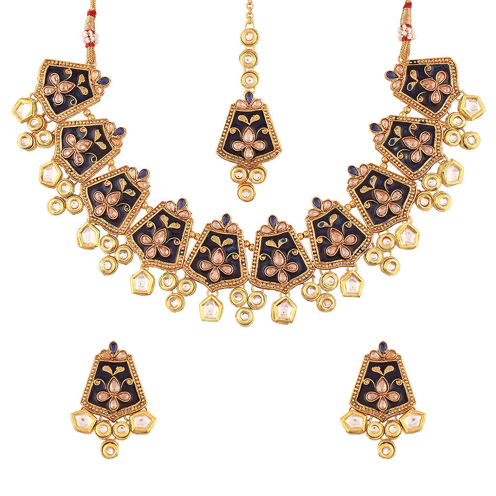 Etnico 18K Gold Plated Kundan Studded Meenakari Bridal Choker Necklace Jewellery Set with Earrings & Maang Tikka for Women (ML134Bl)