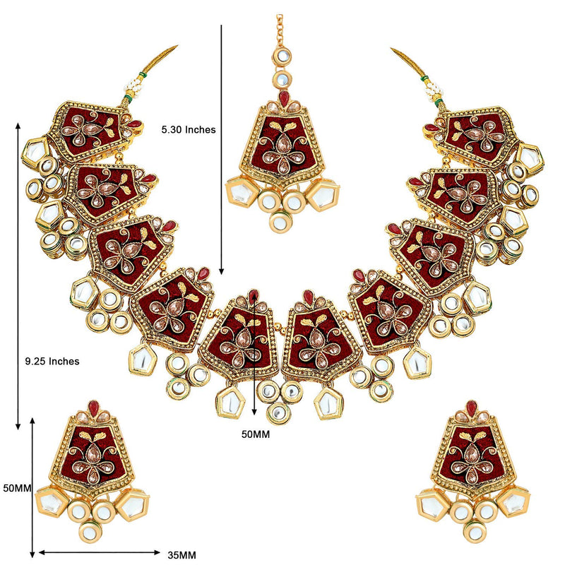 Etnico 18K Gold Plated Kundan Studded Meenakari Bridal Choker Necklace Jewellery Set with Earrings & Maang Tikka for Women (ML134M)