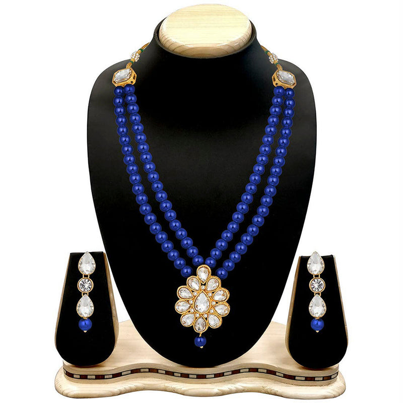 Etnico 18K Gold Plated Traditional Pearl & Stone Studded Necklace Jewellery Set With Earrings For Women (ML140Bl)