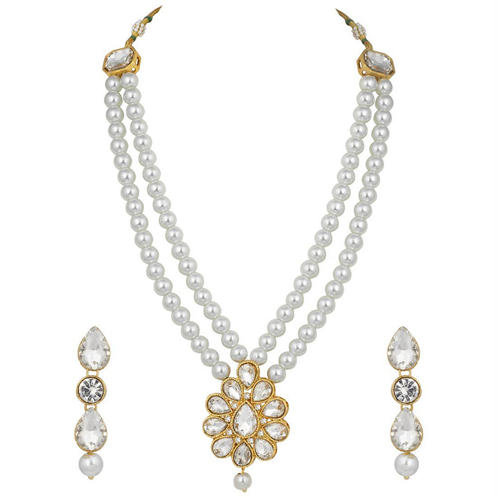 Etnico 18K Gold Plated Traditional Pearl & Stone Studded Necklace Jewellery Set With Earrings For Women (ML140W)