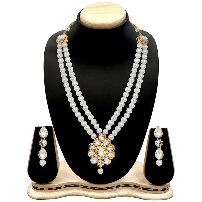 Etnico 18K Gold Plated Traditional Pearl & Stone Studded Necklace Jewellery Set With Earrings For Women (ML140W)