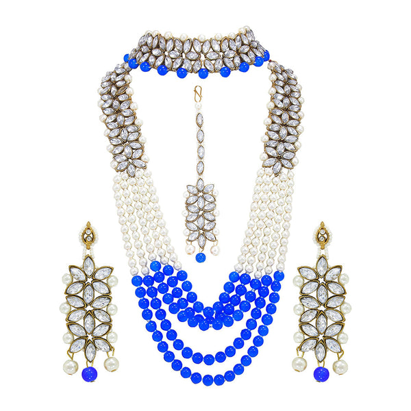 Etnico 18K Gold Plated Traditional 5 Layers Kundan & Pearl Beaded Moti Raani Haar Necklace Jewellery Set For Women (ML164BLCO)
