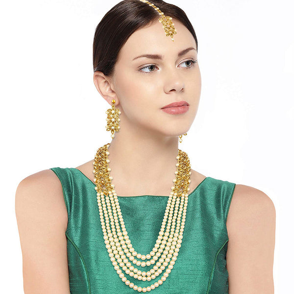 Etnico 18K Gold Plated Traditional 5 Layers Kundan & Pearl Beaded Moti Raani Haar Necklace Jewellery Set For Women (ML164FL)
