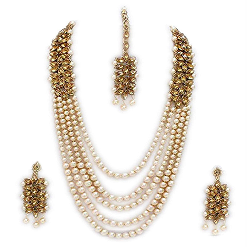 Etnico 18K Gold Plated Traditional 5 Layers Kundan & Pearl Beaded Moti Raani Haar Necklace Jewellery Set For Women (ML164FL)