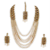 Etnico 18K Gold Plated Traditional 5 Layers Kundan & Pearl Beaded Moti Raani Haar Necklace Jewellery Set For Women (ML164FL)