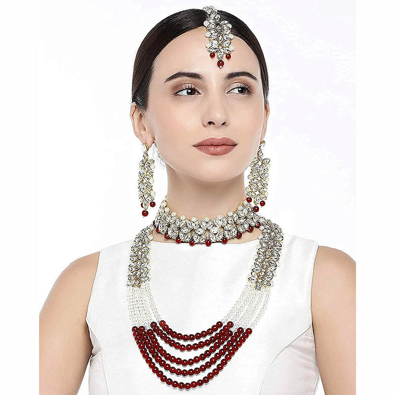 Etnico 18K Gold Plated Traditional 5 Layers Kundan & Pearl Beaded Moti Raani Haar Necklace Jewellery Set For Women (ML164MCO)