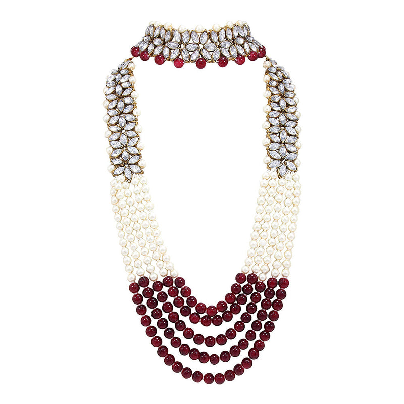 Etnico 18K Gold Plated Traditional 5 Layers Kundan & Pearl Beaded Moti Raani Haar Necklace Jewellery Set For Women (ML164MCO)