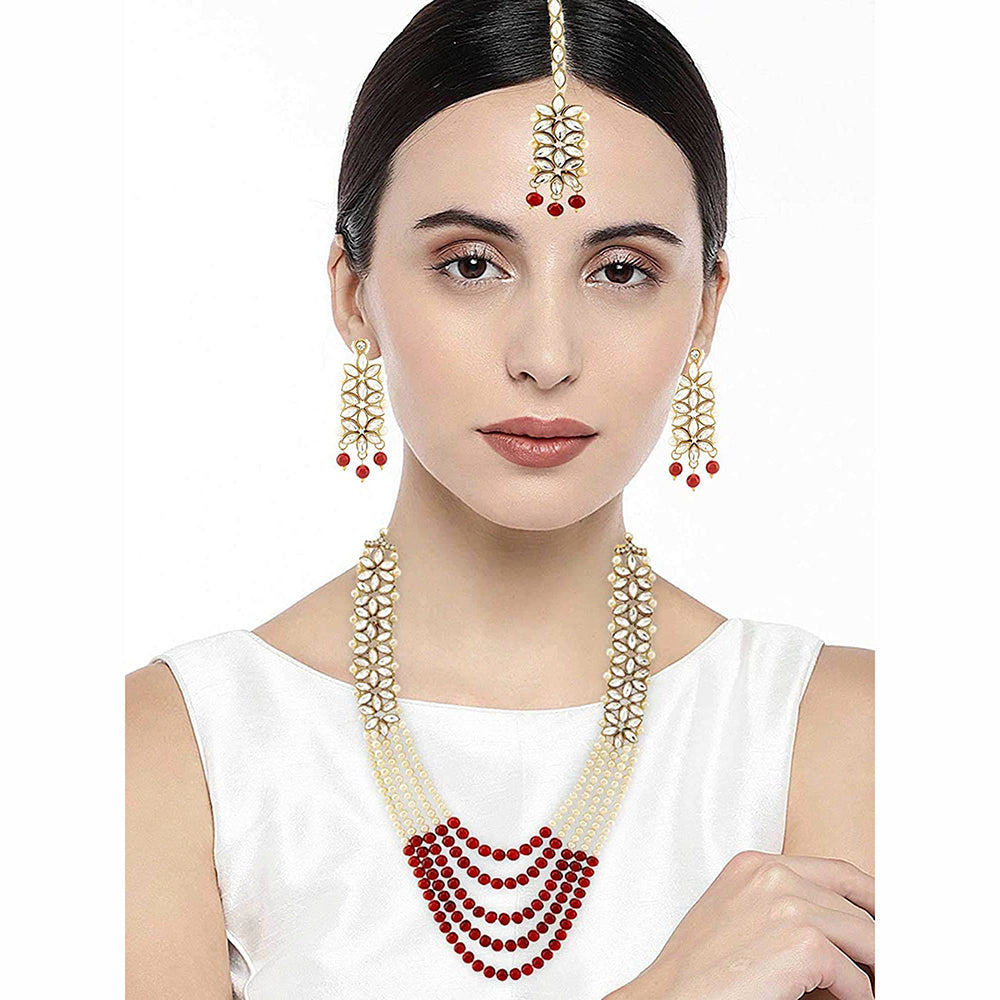 Etnico 18K Gold Plated Traditional 5 Layers Kundan & Pearl Beaded Moti Raani Haar Necklace Jewellery Set For Women (ML164M)