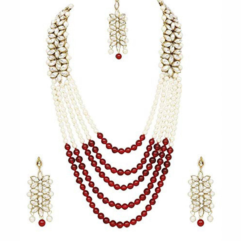 Etnico 18K Gold Plated Traditional 5 Layers Kundan & Pearl Beaded Moti Raani Haar Necklace Jewellery Set For Women (ML164M)