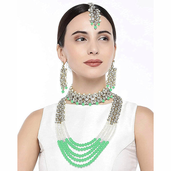 Etnico 18K Gold Plated Traditional 5 Layers Kundan & Pearl Beaded Moti Raani Haar Necklace Jewellery Set For Women (ML164MinCO)
