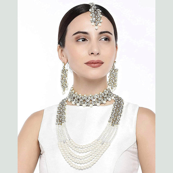 Etnico 18K Gold Plated Traditional 5 Layers Kundan & Pearl Beaded Moti Raani Haar Necklace Jewellery Set For Women (ML164WCO)