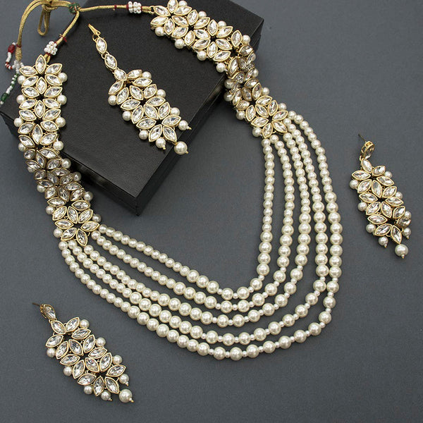 Etnico 18K Gold Plated Traditional 5 Layers Kundan & Pearl Beaded Moti Raani Haar Necklace Jewellery Set For Women (ML164W)