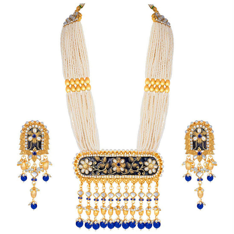 Etnico 18K Gold Plated Traditional Pearl Beaded Multi Strand Meena Work Long Necklace Jewellery Set & Earrings Set For Women (ML181Bl)