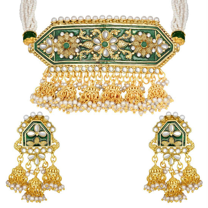 Etnico Traditional Gold Plated Kundan Pearl Meena Work Choker Jewellery set with Jhumkis For Women (ML185G)