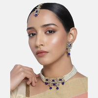 Etnico 18K Gold Plated Beaded Choker Set Studded with Pearl & Kundan with Earrings & Maang Tikka for Women (ML224Bl)