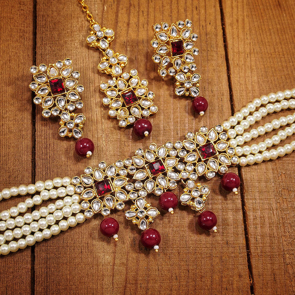 Etnico 18K Gold Plated Traditional Pearl & Kundan Studded Choker Necklace Jewellery Set with Earrings & Maang Tikka for Women (ML224WM-1)