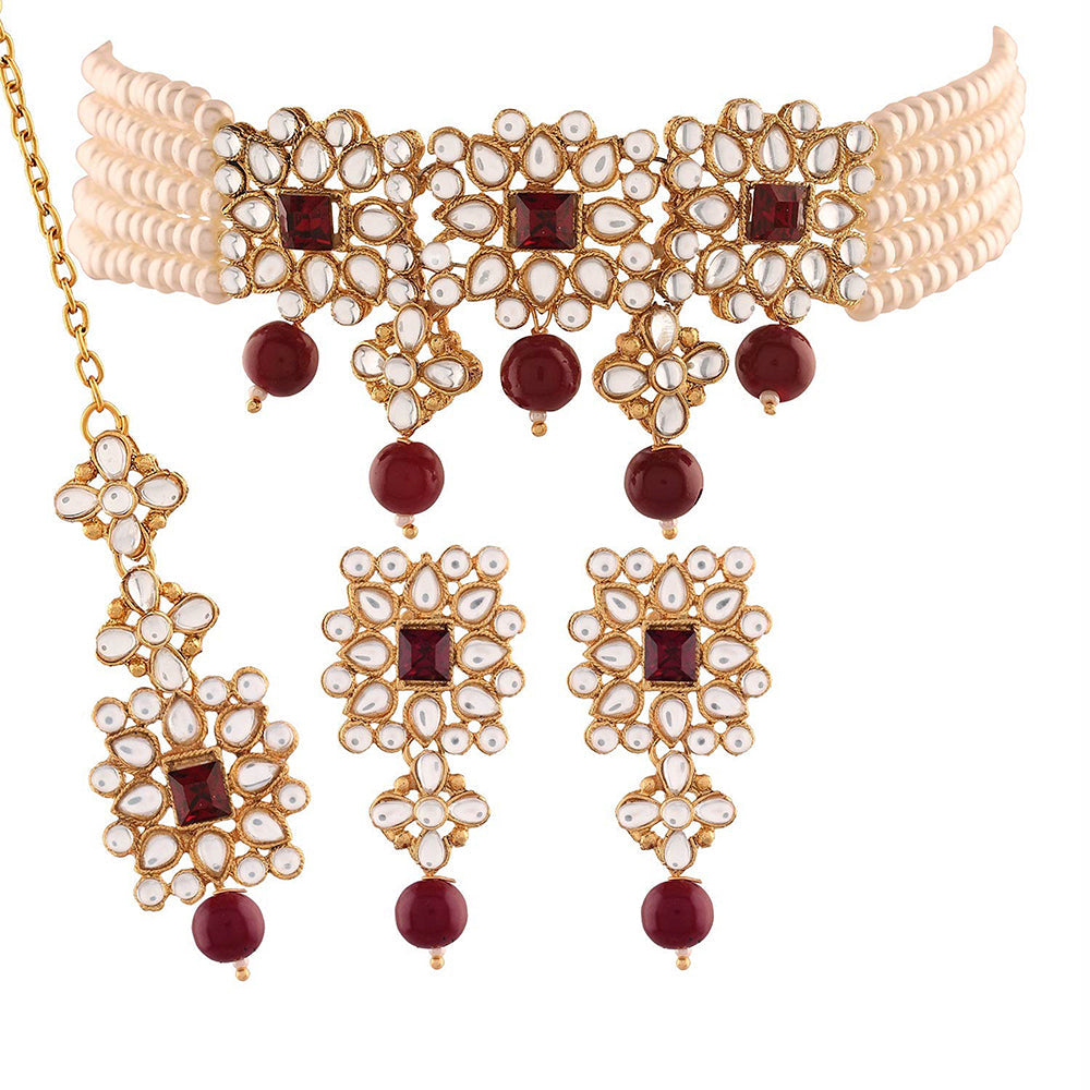 Etnico 18K Gold Plated Traditional Pearl & Kundan Studded Choker Necklace Jewellery Set with Earrings & Maang Tikka for Women (ML224WM-1)